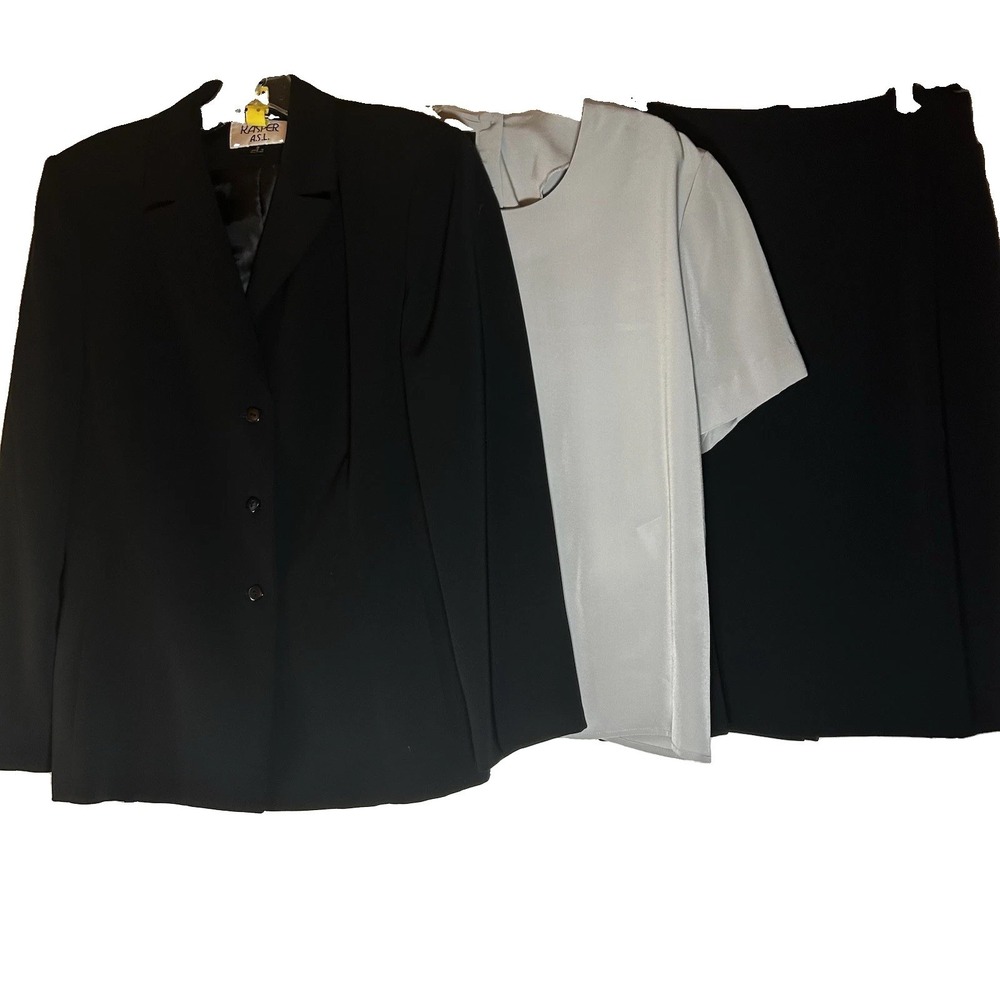 Black 3-piece Kasper Skirt Suit Gray SS Top BLAZER SKIRT Size 8